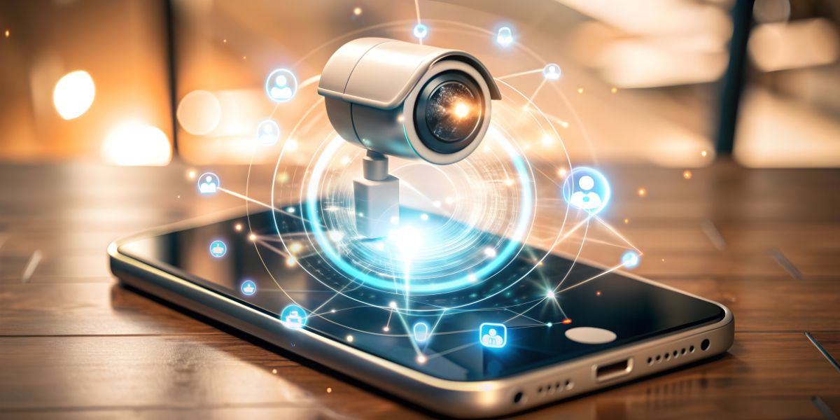 A white CCTV camera hovers over a smartphone, featuring glowing digital icons and blue light-webbing on a wood desk.