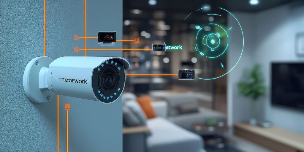 CCTV camera on a blue wall with orange lines connecting to smart devices in a blurred living room background.