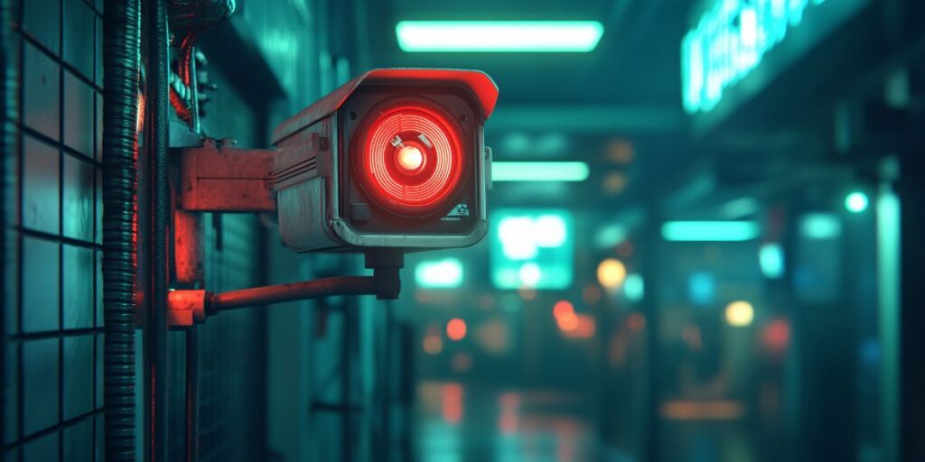 A wall-mounted CCTV security camera with a bright red glowing lens monitors a dark, neon-lit urban alleyway at night.