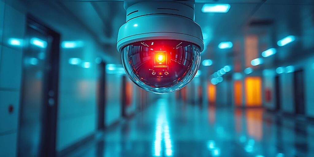 A ceiling-mounted dome CCTV camera with a glowing red light monitors a long, modern office hallway in teal tones.