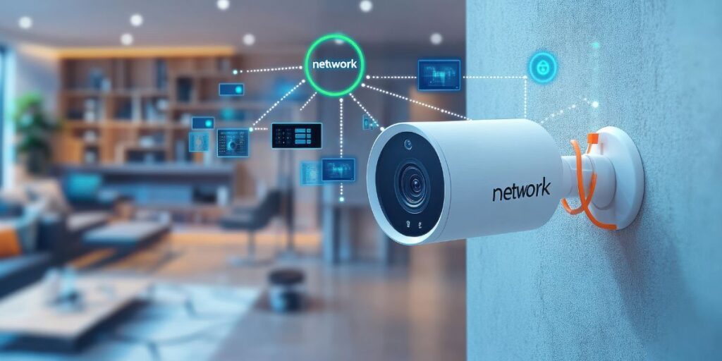 Smart white security camera on a wall with digital "network" icons connecting it to a modern living room interior.