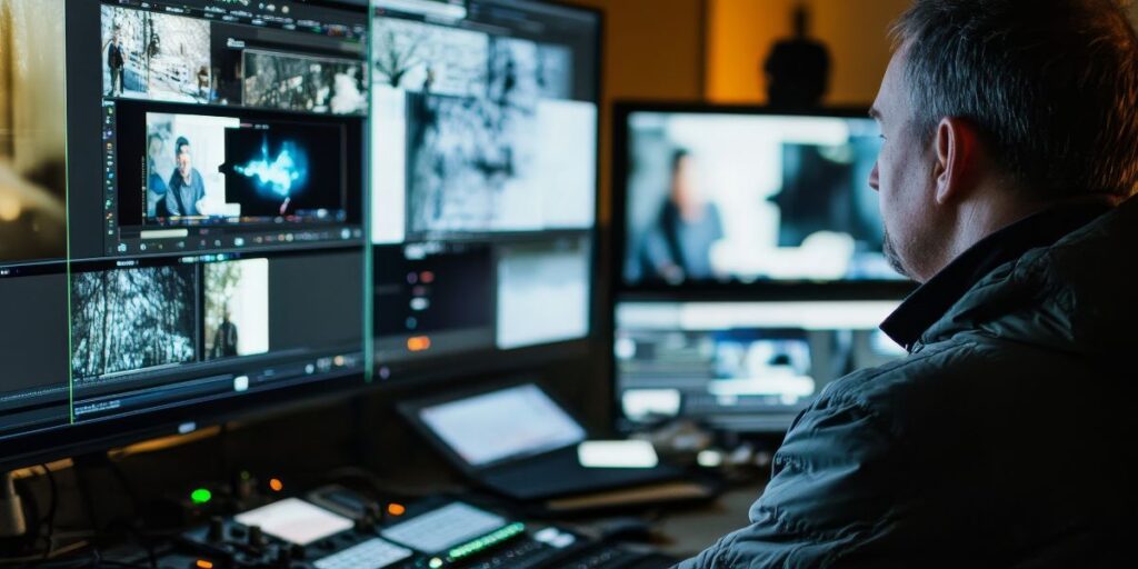 Security operator monitoring multiple CCTV video feeds on high-tech displays for advanced surveillance analytics.