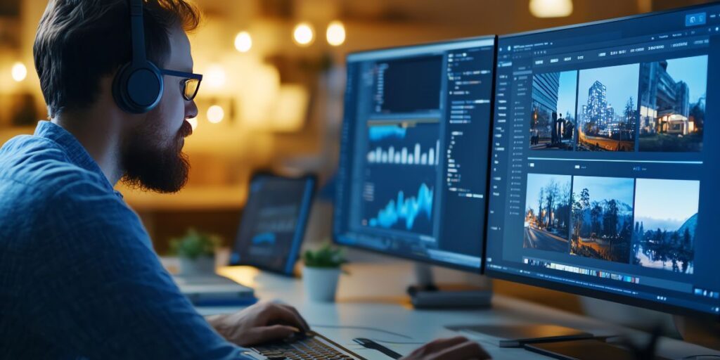 A bearded man wearing headphones monitors security data and live CCTV video feeds on dual computer screens in a dark room.