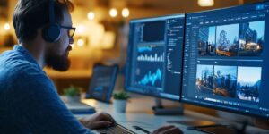 A bearded man wearing headphones monitors security data and live CCTV video feeds on dual computer screens in a dark room.