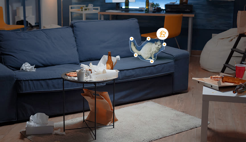 AI pet detection highlighting a cat on the sofa at night