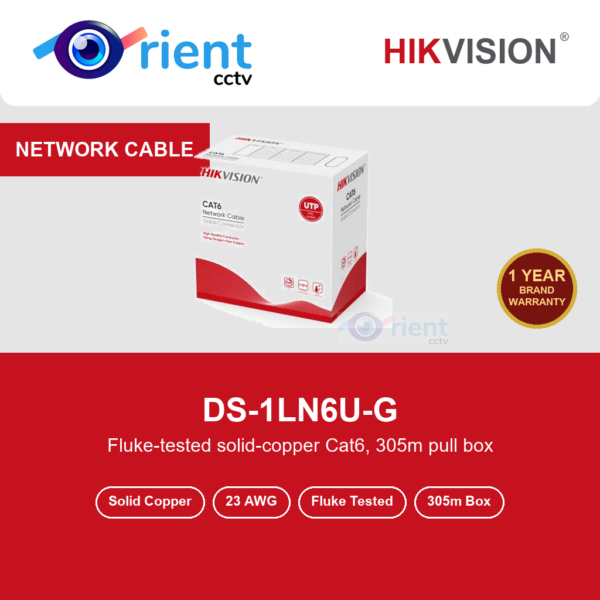 Hikvision DS-1LN6U-G Cat6 UTP Network Cable | 23 AWG Solid Pure Copper | Fluke Tested | 305m Box | Grey