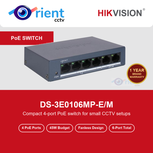 HIKVISION DS-3E0106MP-E/M 4 Port Fast Ethernet Unmanaged PoE Switch | 2 Uplink Ports | 45W PoE Budget | Fanless Metal Body