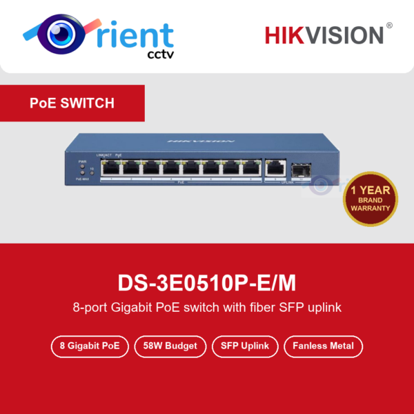 HIKVISION DS-3E0510P-E/M 8 Port Gigabit Unmanaged PoE Switch | 1 Gigabit Uplink + 1 SFP | 58W PoE Budget | Fanless