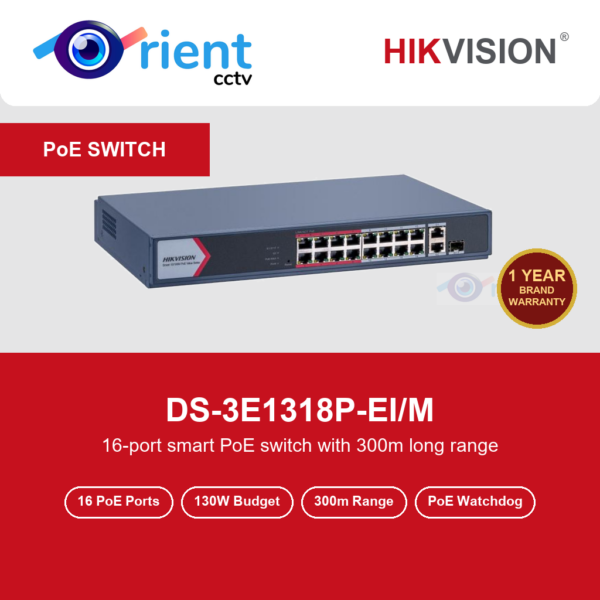 HIKVISION DS-3E1318P-EI/M 16 Port Fast Ethernet Smart PoE Switch | 1 Gigabit Uplink + 1 Gigabit Combo | 130W | 300m Extend Mode