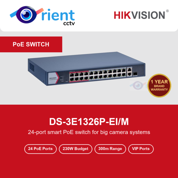 HIKVISION DS-3E1326P-EI/M 24 Port Fast Ethernet Smart PoE Switch | 1 Gigabit Uplink + 1 Gigabit Combo | 230W | 300m Extend Mode