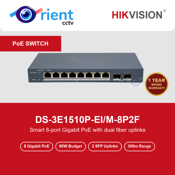 HIKVISION DS-3E1510P-EI/M-8P2F 8 Port Gigabit Smart PoE Switch | 2 SFP Fiber Uplinks | 80W | 300m Extend Mode