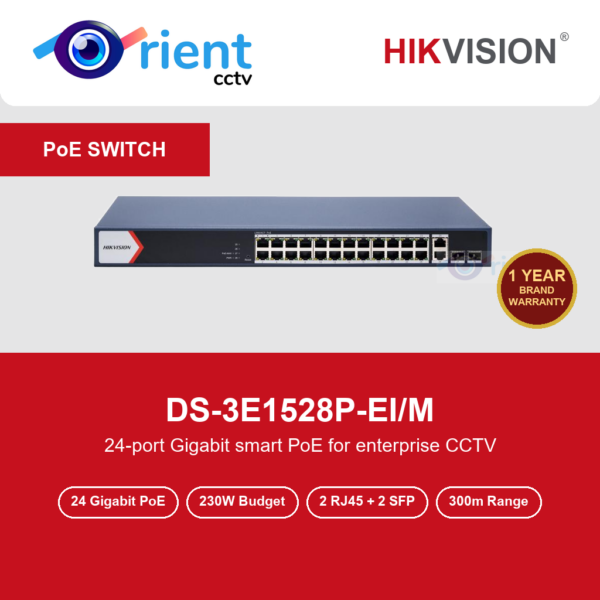 HIKVISION DS-3E1528P-EI/M 24 Port Gigabit Smart PoE Switch | 2 Gigabit Uplinks + 2 SFP | 230W | 300m Extend Mode
