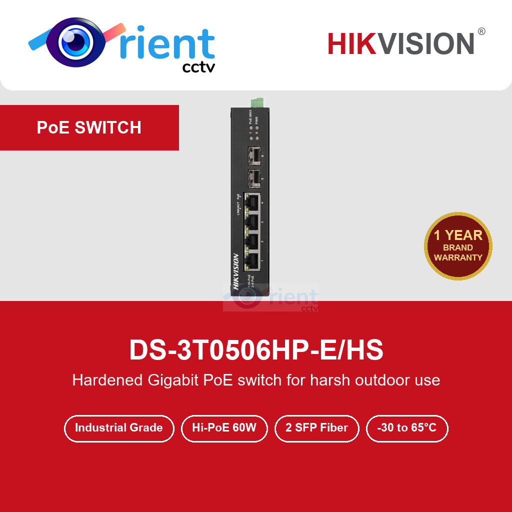 HIKVISION DS-3T0506HP-E/HS Industrial 4 Port Gigabit PoE Switch | 1 Hi-PoE 60W Port + 2 SFP | 65W | -30°C to 65°C | 300m HIKVISION DS-3T0506HP-E/HS Industrial 4 Port Gigabit PoE Switch | 1 Hi-PoE 60W Port + 2 SFP | 65W | -30°C to 65°C | 300m