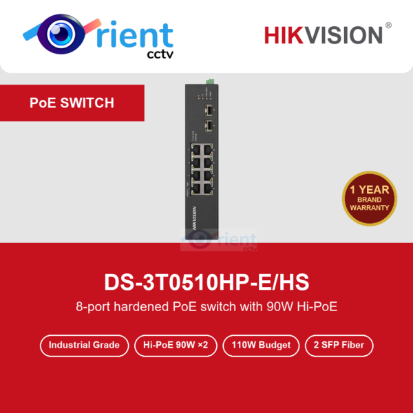 HIKVISION DS-3T0510HP-E/HS Industrial 8 Port Gigabit PoE Switch | 2 Hi-PoE 90W Ports + 2 SFP | 110W | -30°C to 65°C | 300m