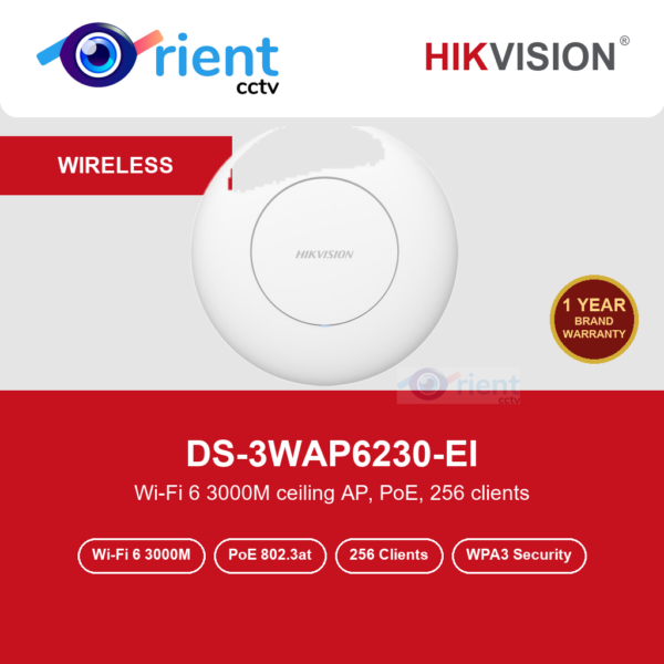 Hikvision DS-3WAP6230-EI Wi-Fi 6 3000M Ceiling Access Point | 2976 Mbps Dual Band | PoE 802.3at | 256 Clients | WPA3