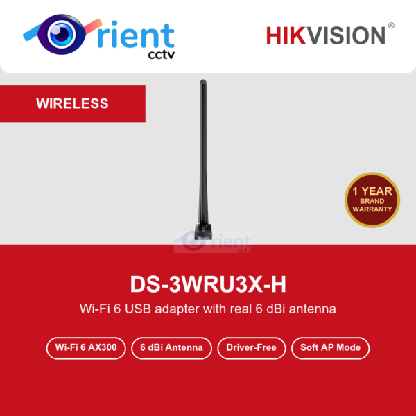 Hikvision DS-3WRU3X-H AX300 Wi-Fi 6 High Gain USB Adapter | Real 6 dBi Antenna | 286 Mbps | Driver-Free Setup