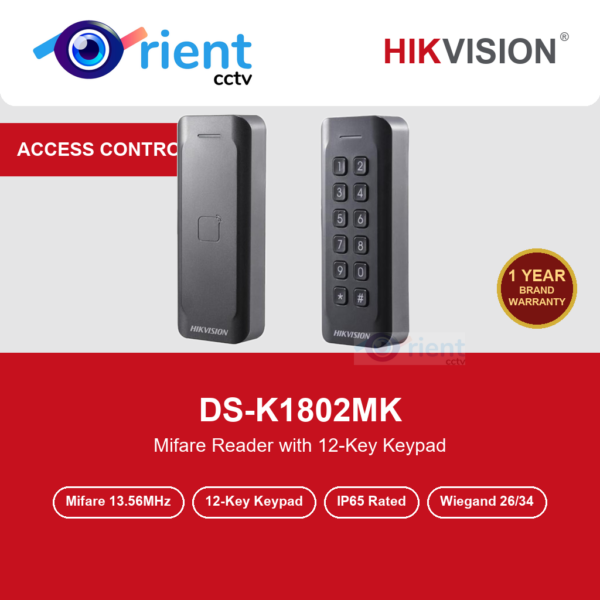 HIKVISION DS-K1802MK Mifare Card Reader with Keypad | 13.56MHz | Wiegand 26/34 | IP65 Weatherproof