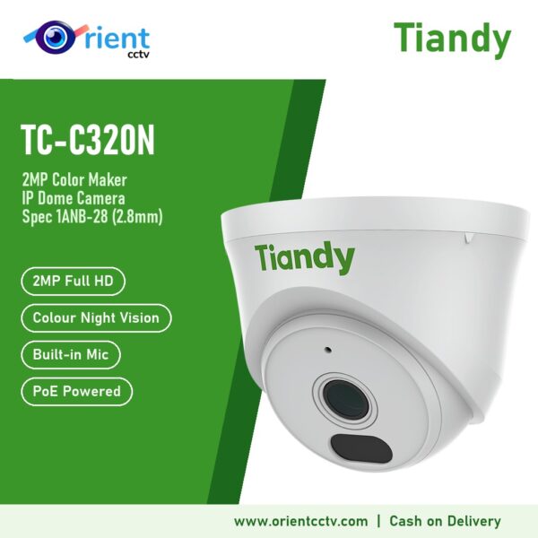 Tiandy TC-C320N 1ANB-28 2MP Color Maker IP Dome Camera | 2.8mm, White Light + 30m IR, Built-in Mic, PoE