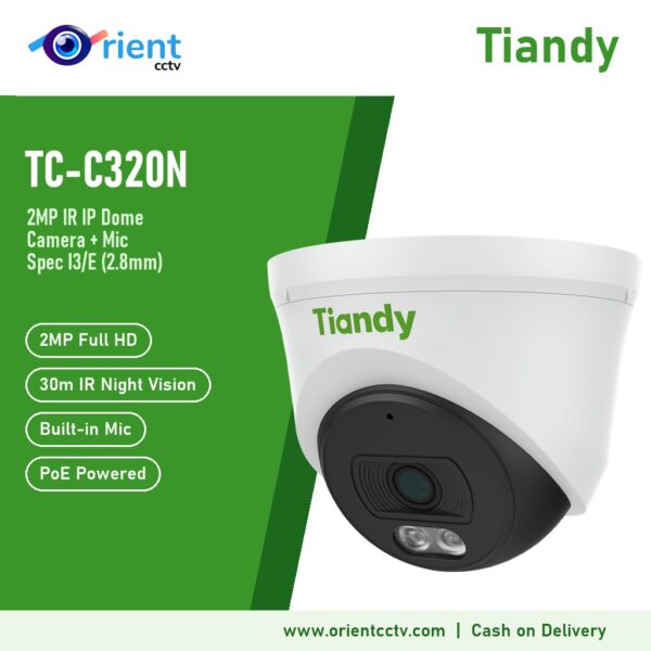 Tiandy TC-C320N I3/E 2MP IP Dome Camera with Mic | 2.8mm, 30m IR Night Vision, PoE, H.265