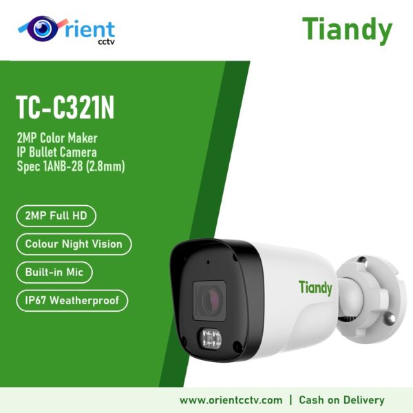 Tiandy TC-C321N 1ANB-28 2MP Color Maker IP Bullet Camera | 2.8mm, White Light + 30m IR, Built-in Mic, IP67