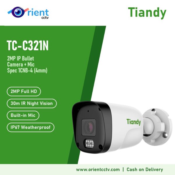 Tiandy TC-C321N 1CNB-4 2MP IP Bullet Camera with Mic | 4mm, 30m IR Night Vision, IP67, H.265