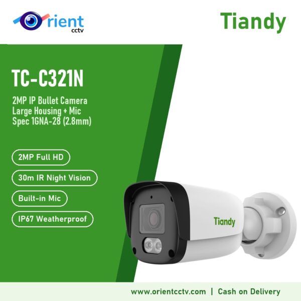 Tiandy TC-C321N 1GNA-28 2MP IP Bullet Camera with Mic (Large Housing) | 2.8mm, 30m IR, IP67, H.265