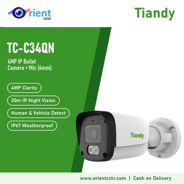 Tiandy TC-C34QN 4MP IP Bullet Camera with Mic | 4mm, 30m IR Night Vision, Human & Vehicle Detection, IP67