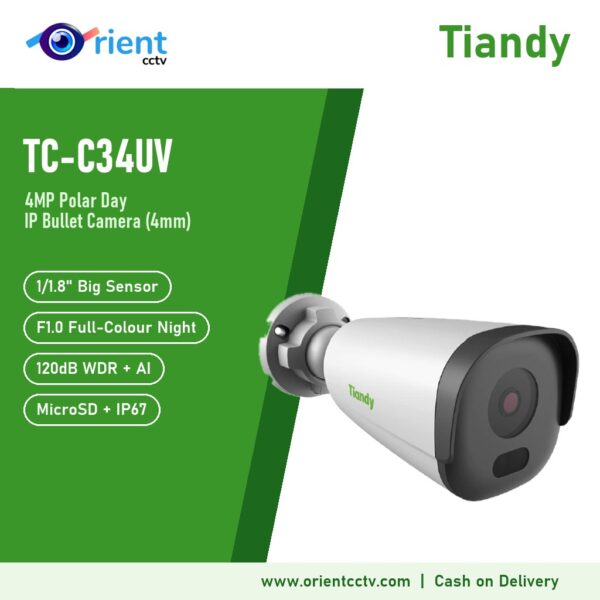 Tiandy TC-C34UV 4MP Polar Day IP Bullet Camera | 4mm F1.0, 1/1.8" Sensor, 120dB WDR, Human/Vehicle AI, MicroSD, IP67