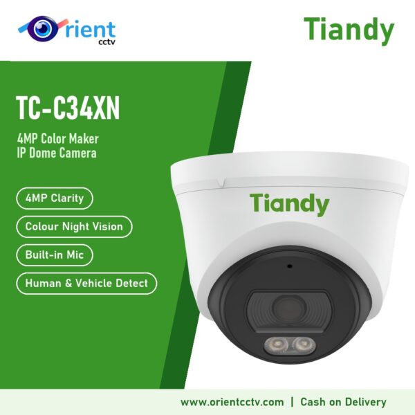 Tiandy TC-C34XN 4MP Color Maker IP Dome Camera | 2.8mm, White Light + 30m IR, Built-in Mic, Human & Vehicle Detection