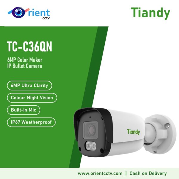 Tiandy TC-C36QN 6MP Color Maker IP Bullet Camera | 4mm, White Light + 30m IR, Built-in Mic, Human & Vehicle Detection, IP67