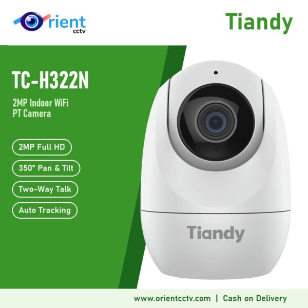 Tiandy TC-H322N 2MP Indoor WiFi PT Camera | 350° Pan & Tilt, Two-Way Talk, Auto Tracking, 15m IR, MicroSD