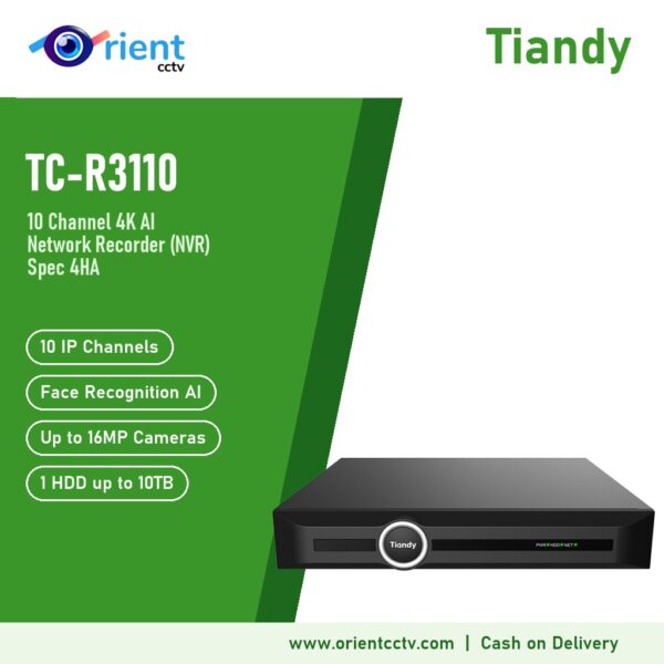Tiandy TC-R3110 4HA 10 Channel 4K AI NVR | Face Recognition, Up to 16MP Cameras, 100Mbps, 4K HDMI, 1 HDD up to 10TB