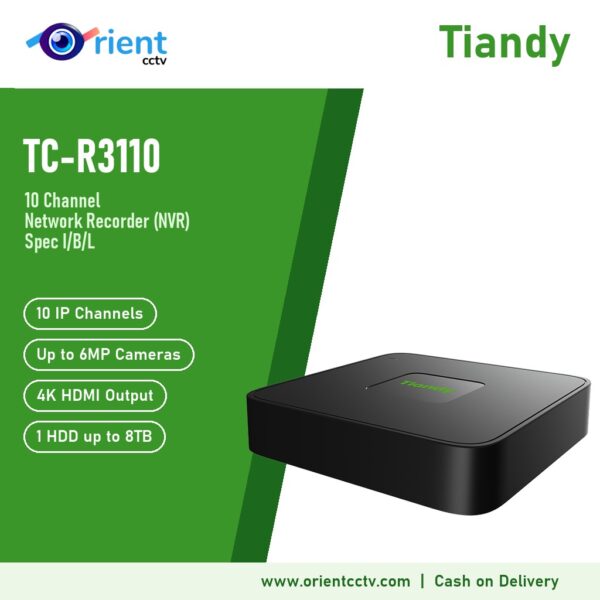 Tiandy TC-R3110 I/B/L 10 Channel NVR | Up to 6MP Cameras, 4K HDMI + VGA, 1 HDD up to 8TB, H.265