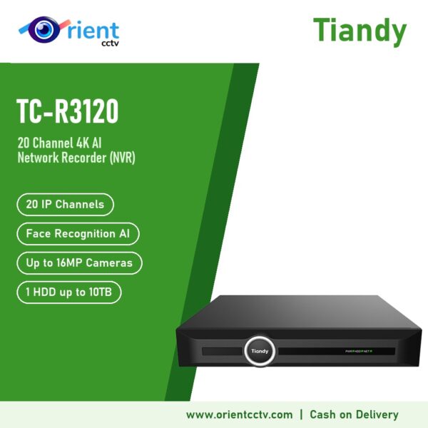 Tiandy TC-R3120 4HA 20 Channel 4K AI NVR | Face Recognition, Up to 16MP Cameras, 100Mbps, 4K HDMI, 1 HDD up to 10TB