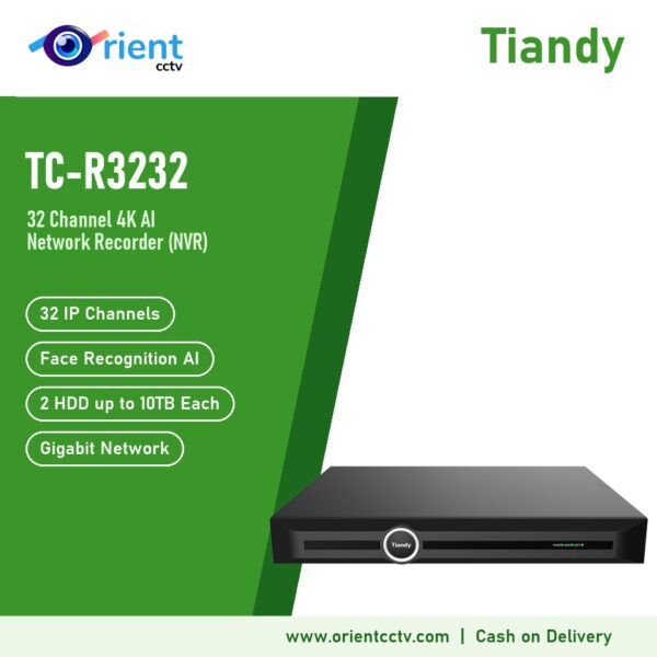 Tiandy TC-R3232 4HA 32 Channel 4K AI NVR | Face Recognition, Up to 16MP Cameras, 160Mbps, 2 HDD up to 10TB Each, Gigabit