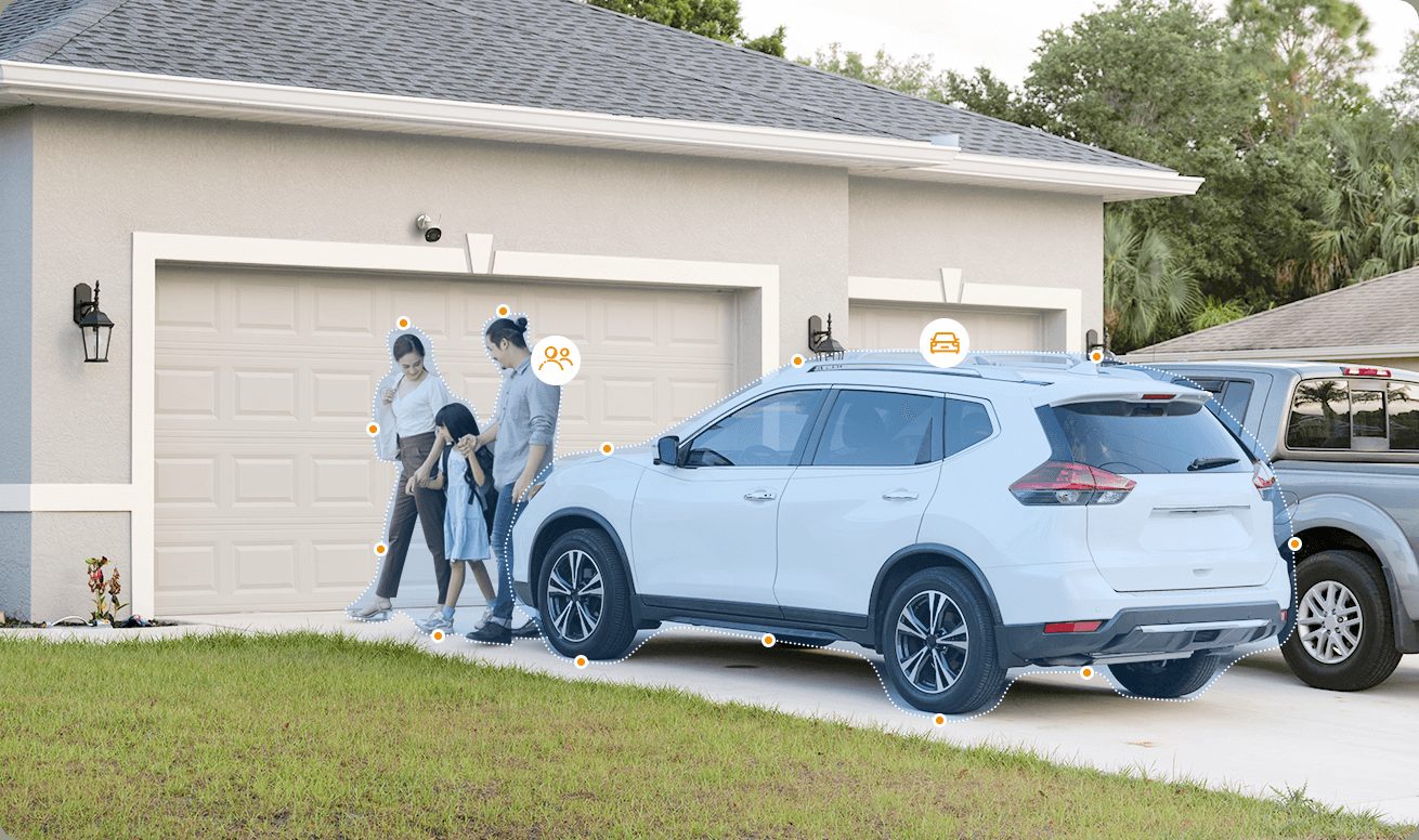 IMOU SENSE AI detecting people and a car in a driveway
