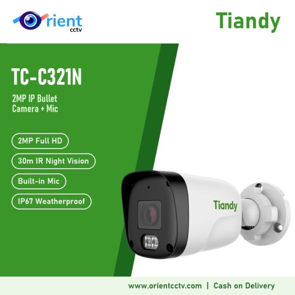 Tiandy TC-C321N 2MP IP Bullet Camera with Mic | 2.8mm, 30m IR Night Vision, IP67, H.265