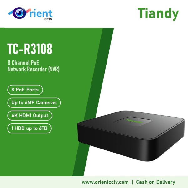 Tiandy TC-R3108 8 Channel PoE NVR | 8 PoE Ports, Up to 6MP Cameras, 4K HDMI, 1 HDD up to 6TB